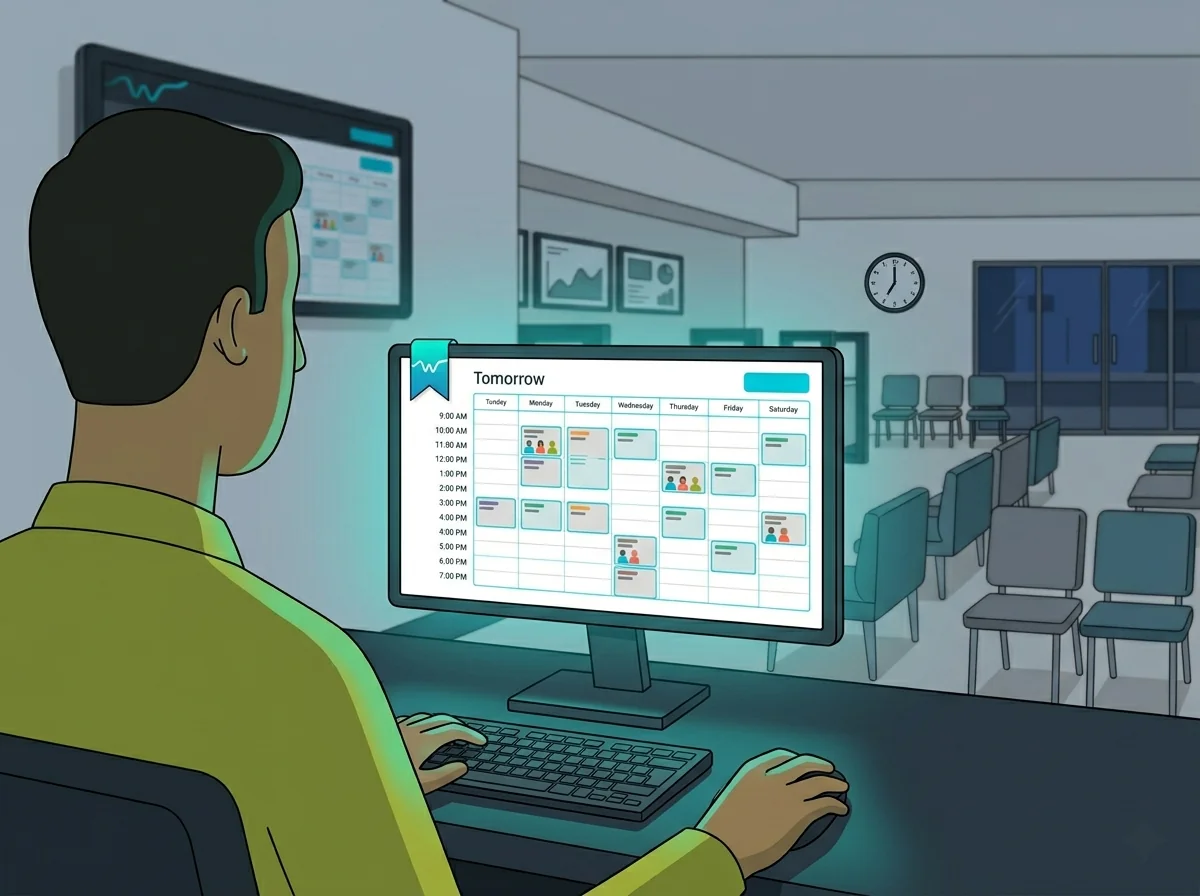 Branch Manager Reviewing Appointment Scheduling System for Walk-In Operations
